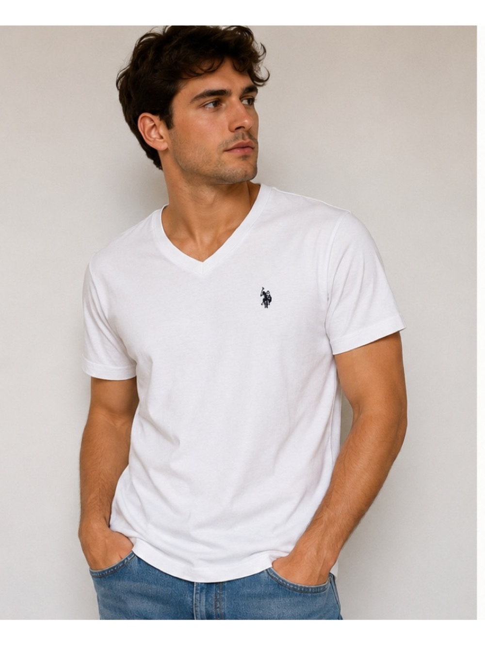 U.S. Polo Assn. White V-Neck Short Sleeve Tee with Navy Logo